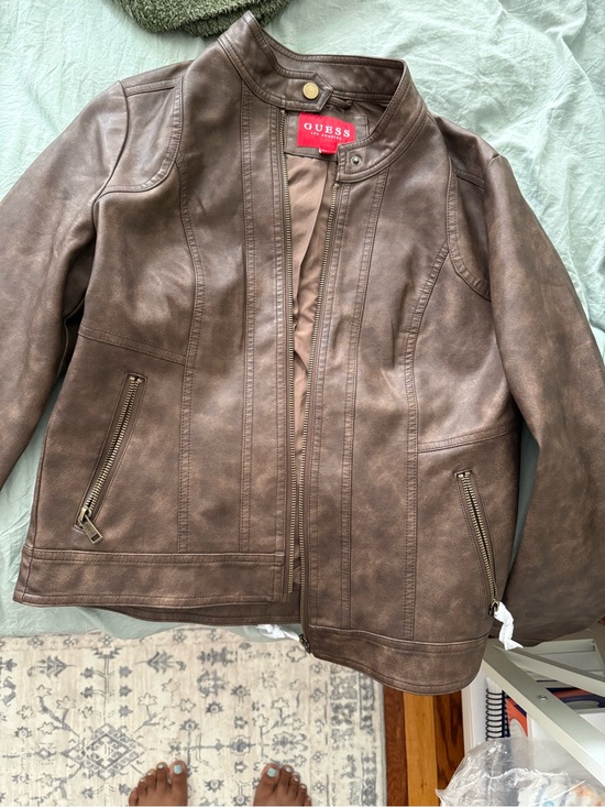 Guess Jackets & Blazers - GUESS Brown Faux Leather Zip-Front Moto Jacket